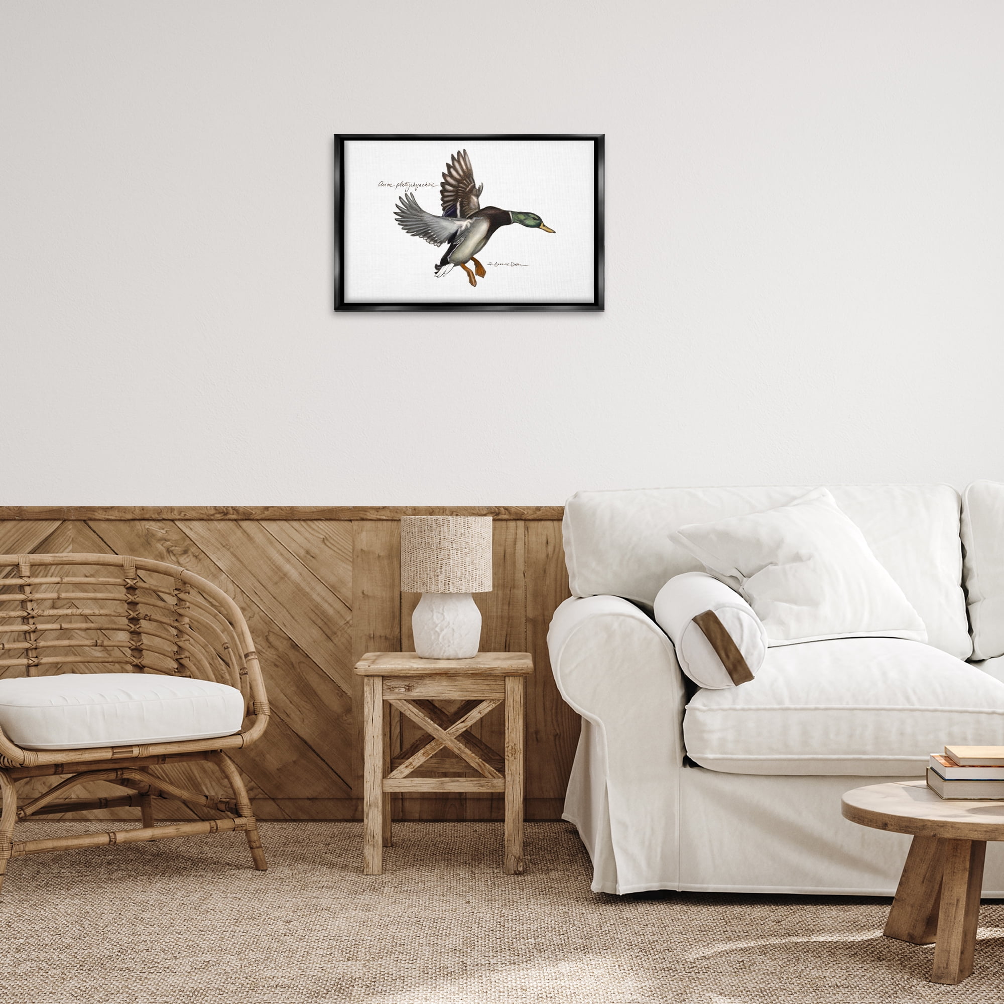 Stupell Industries Flying Mallard Duck Animals & Insects Painting Black Floater Framed Canvas Art Print Wall Art, 25 x 17