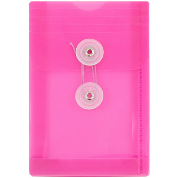 JAM Paper Plastic Envelopes with Button & String Tie Closure, 4 1/4 x 6 1/4, Fuchsia Pink, 3/Pack