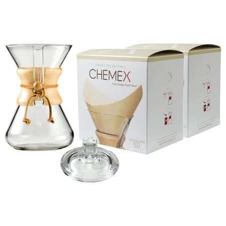Chemex Wood Collar and Tie Glass 30 Ounce Coffee Maker with Cover and 200 Count Bonded Unbleached Pre-Folded Square Coffee (Best Tie Maker In The World)