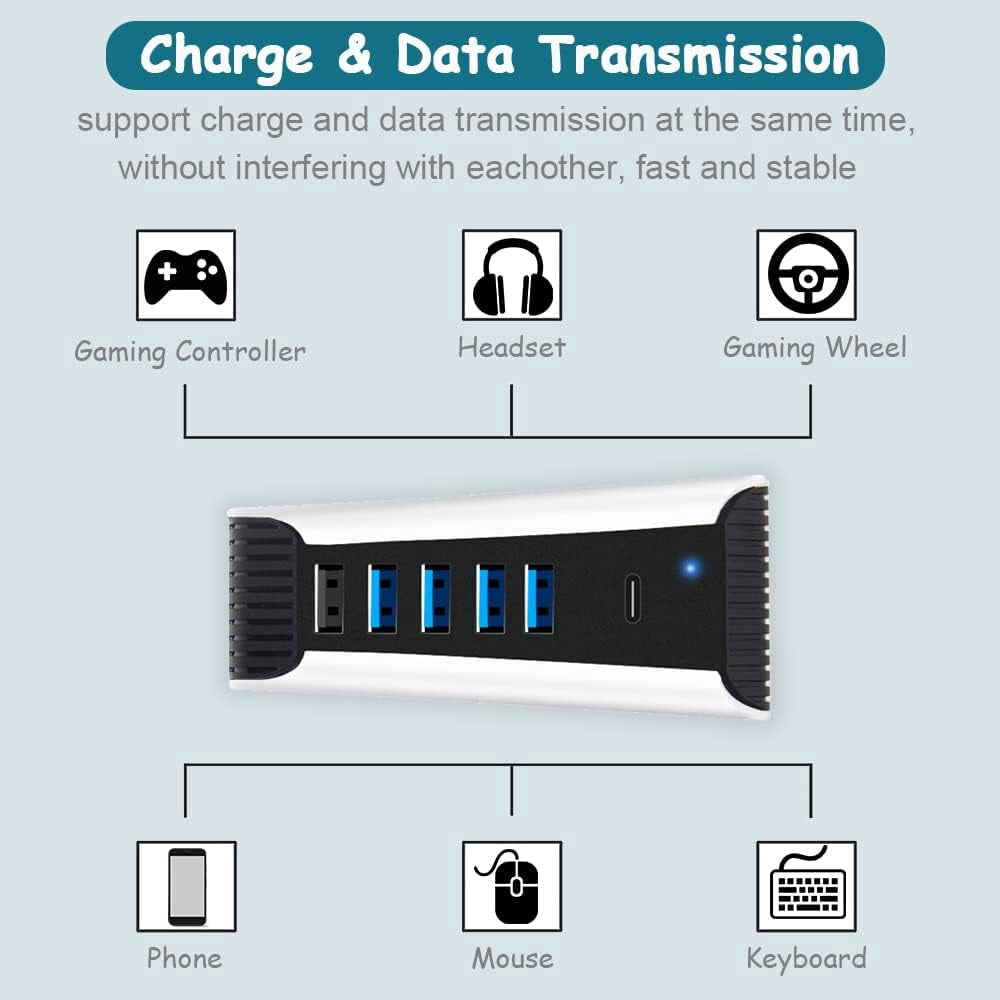 Uberwith 5 Port USB Hub for PS5 Accessories, USB High-Speed Expansion Hub Charger USB Adapter USB Extender for PS5 Console - 4 USB + 1 USB Charging Port + 1 Type C Port