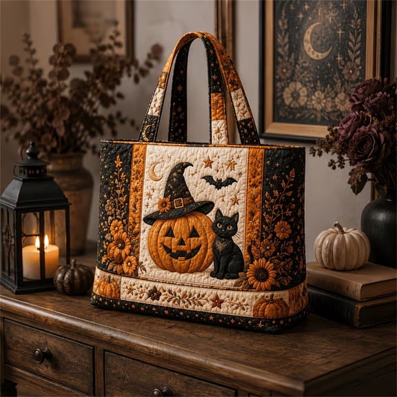 Halloween Tote Bag Vintage Witch Pumpkin Print, Large Reusable Trick or Treat Shopping Bag, Double Layer Elastic Polyester Handbag for Women Girls Party Gift