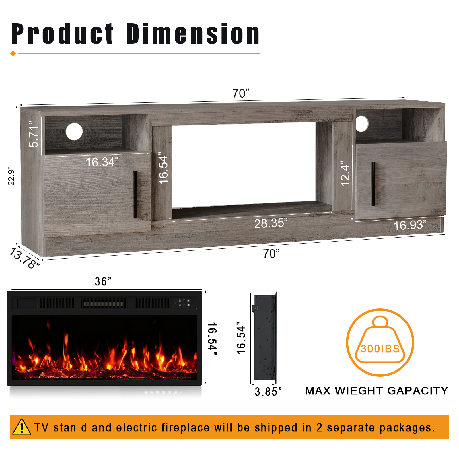Waleaf Fireplace TV Stand with 36" Electric Fireplace
