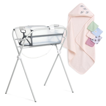 Evolur Supple Spa Kit With Towel, Includes Supple Baby Spa Set, 5-Piece Washcloth Set And Complementary Garden Hooded Towel in Pink