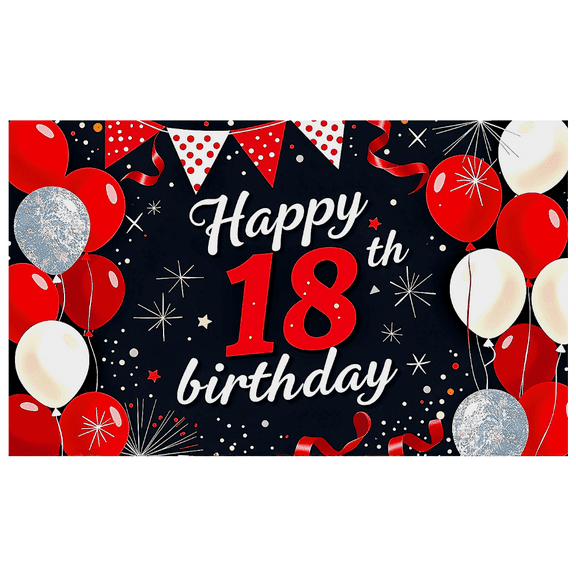 Black Background Happy 18th Birthday Banner with Red White Balloons Star Elements Party Decoration Backdrop Photography Props Birthday Party Supplies Decorations