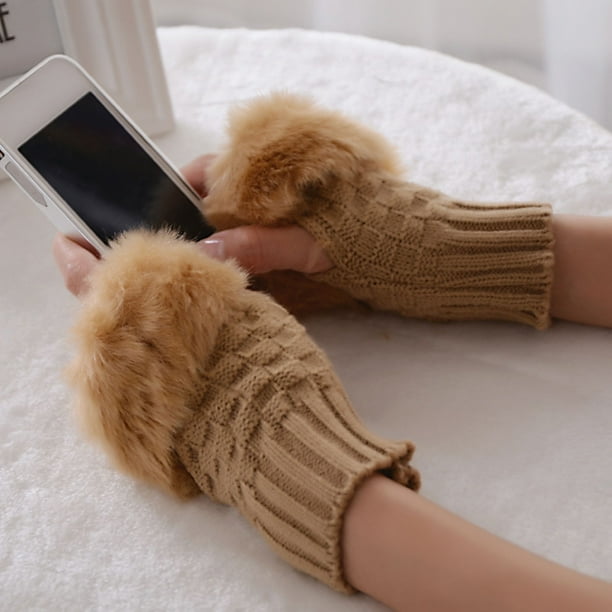Trayknick 1 Pair Women Gloves Solid Color Fuzzy Plush Warm Winter