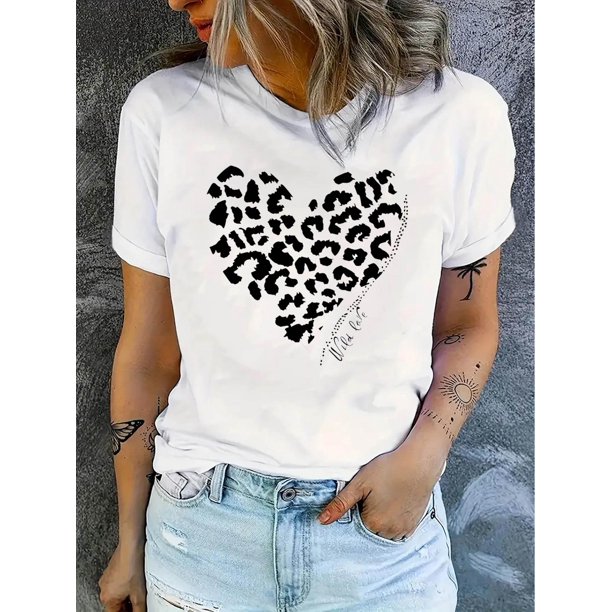 Women'S Casual Crew Neck T-Shirt, Polyester Blend, Medium Stretch, Geometric Leopard Heart Print, Knit Fabric, for All-Season Comfort Tee