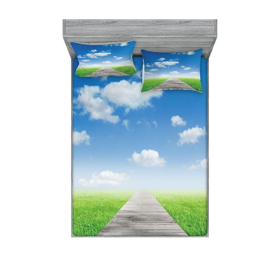 Ambesonne Nature Fitted Sheet & Pillow Sham Set, Meadow Countryside Path, Full, Blue Green Brown