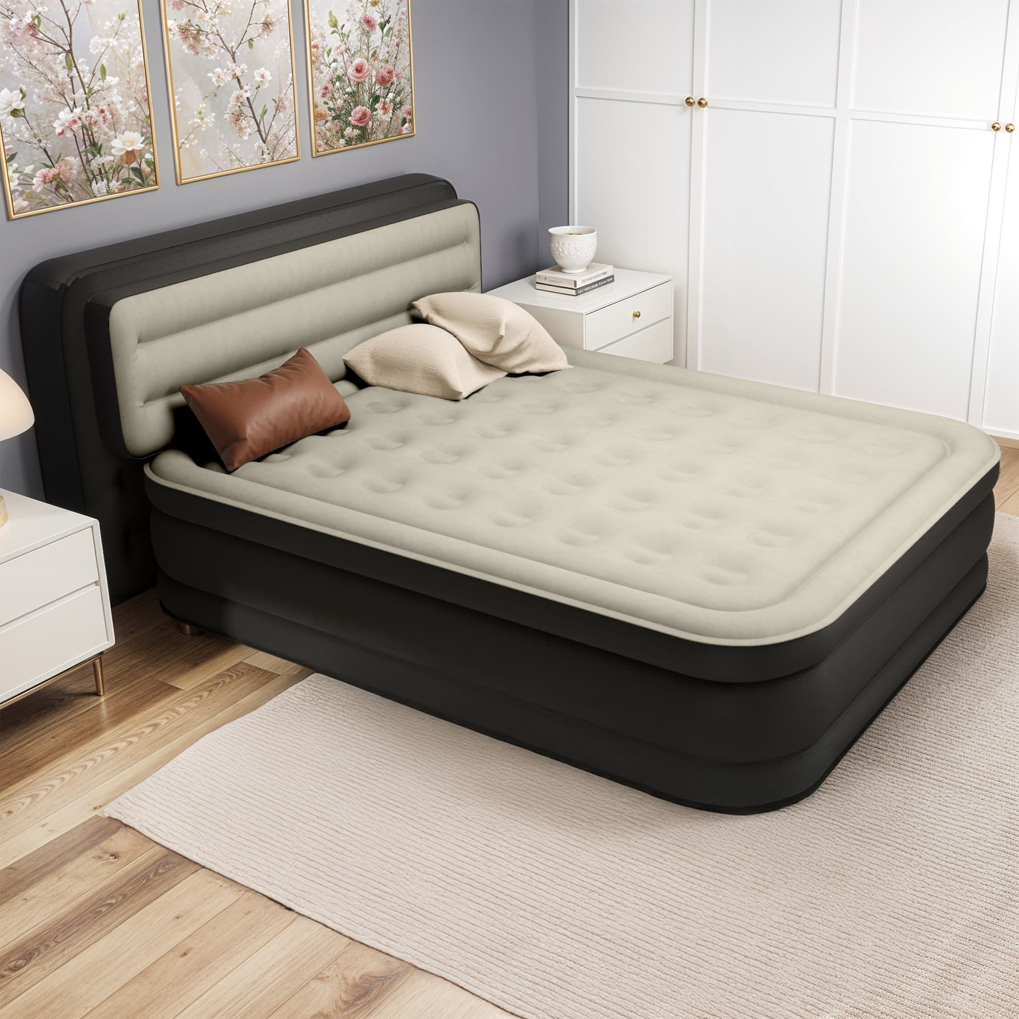 Uforic Queen Size Air Mattress with Built-in Headboard and Inflation Pump, 18in Deluxe Flocked Top Air Mattress, Sturdy Blow-Up Bed for Home & Visitors, Black