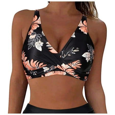 ZQGJB Women Full Coverage Bikini Top No Bottom Sexy Floral Printed Push up Swimsuits Top Sport Bra Bathing Suits Tops(Pink L)