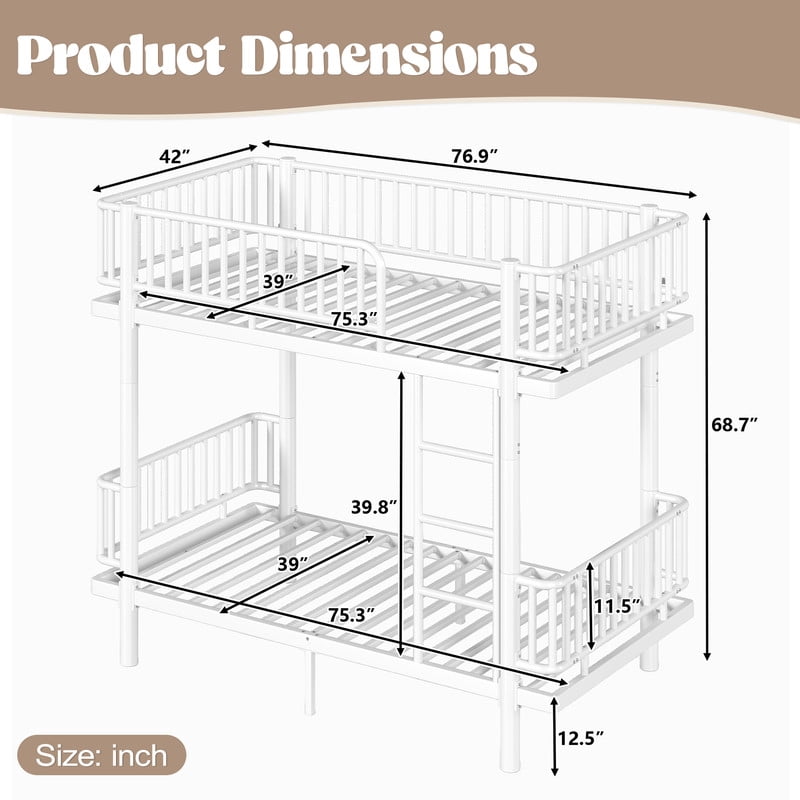 Twin-over-Twin Teens Bunk Bed Can Transformed into 2 Platform Beds, Metal Kids Bed Frame with Round-Pipe, Ladder & Guardrails