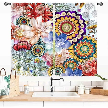 Boho Floral Kitchen Curtains, Bohemian Mandala Printed Vintage Peony Blossom Colorful Summer Spring Paisley Flower Vintage Small Cafe Short Window Drape Treatments for Bedroom Living Room, 55x39 Inch