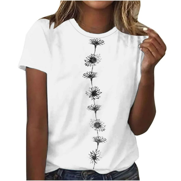 Camiseta de Manga Corta Impresa de Cuello Redondo Casual para Mujeres, 95% Poliéster 5% Elastano Top Ligero para Diario, Fiesta Y Uso