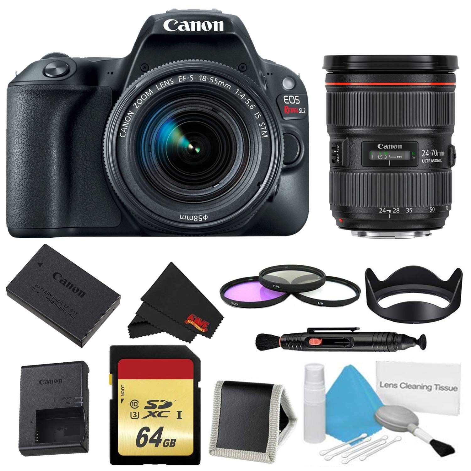 Canon EOS Rebel SL2 DSLR Camera with 1855mm Lens (Black) 3 Piece