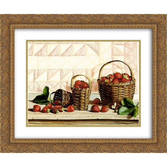 Strawberry Time 2x Matted 18x15 Gold Ornate Framed Art Print by Pauline Eble Campanelli