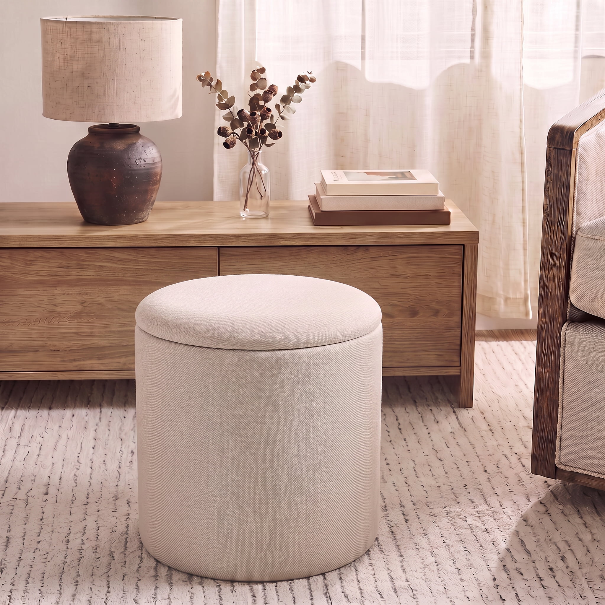 Mainstays Round Storage Ottoman, Cream Linen Fabric