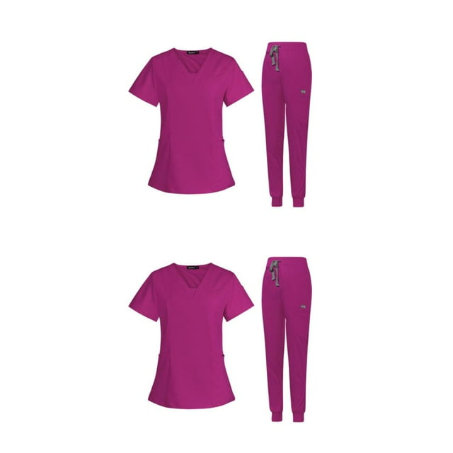 Guardoinrt Female Scrub Set Nurse v neckline Short Suit Washable Machine Sleeves Rose Red L 2Set