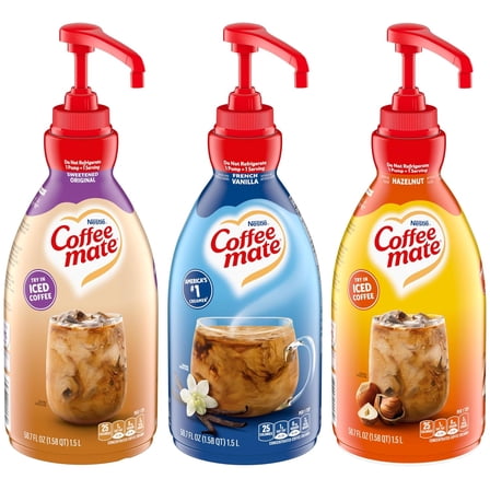 Nestle Coffee mate Liquid Concentrate 1.5 Liter Pump Bottles, 3 Flavors Sweetened Original, French Vanilla & Hazelnut (Pack of 3)