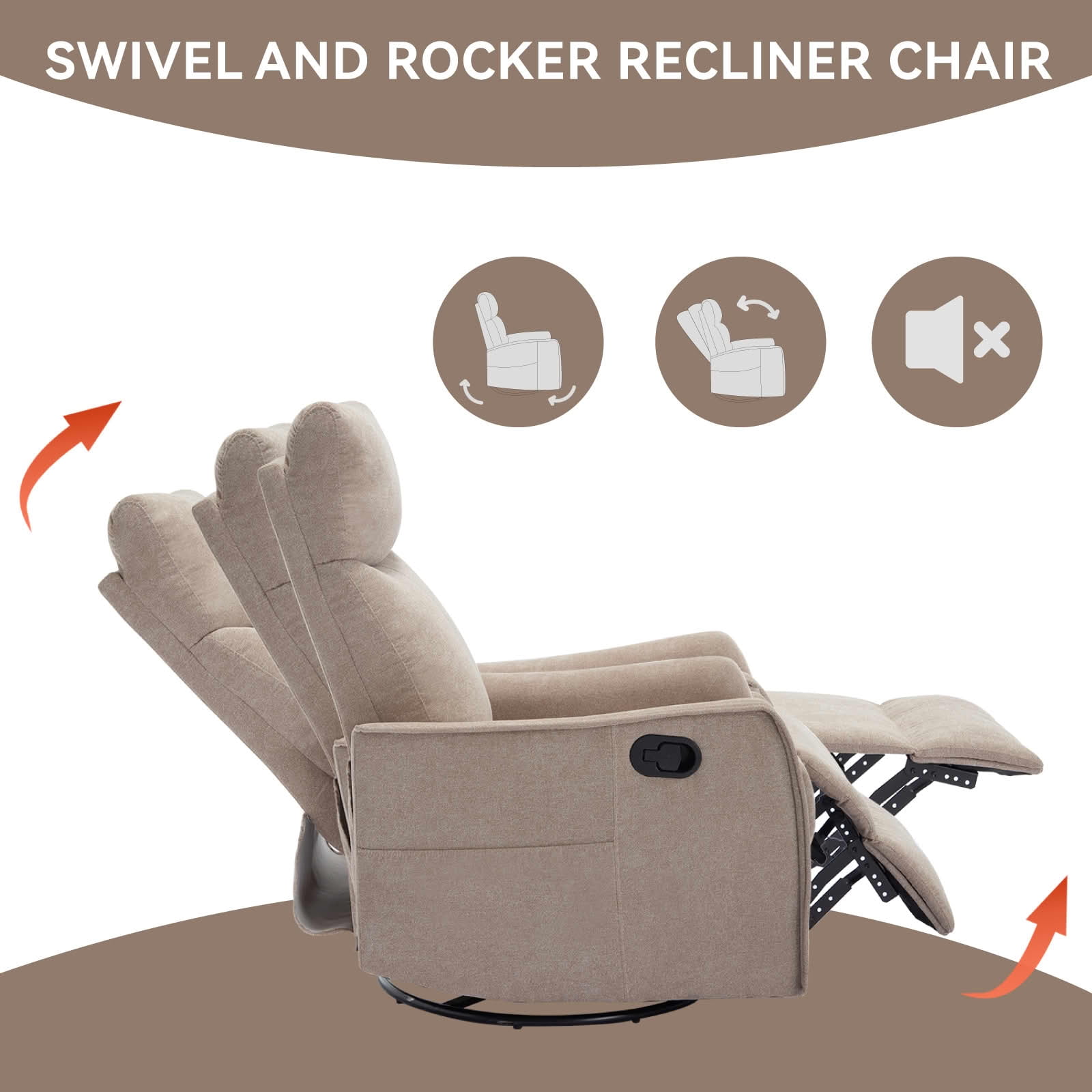 MAYEERTY Khaki Heat Massage Recliner Chair, 360° Swivel Rocker 27"x36"x40" for Living Room