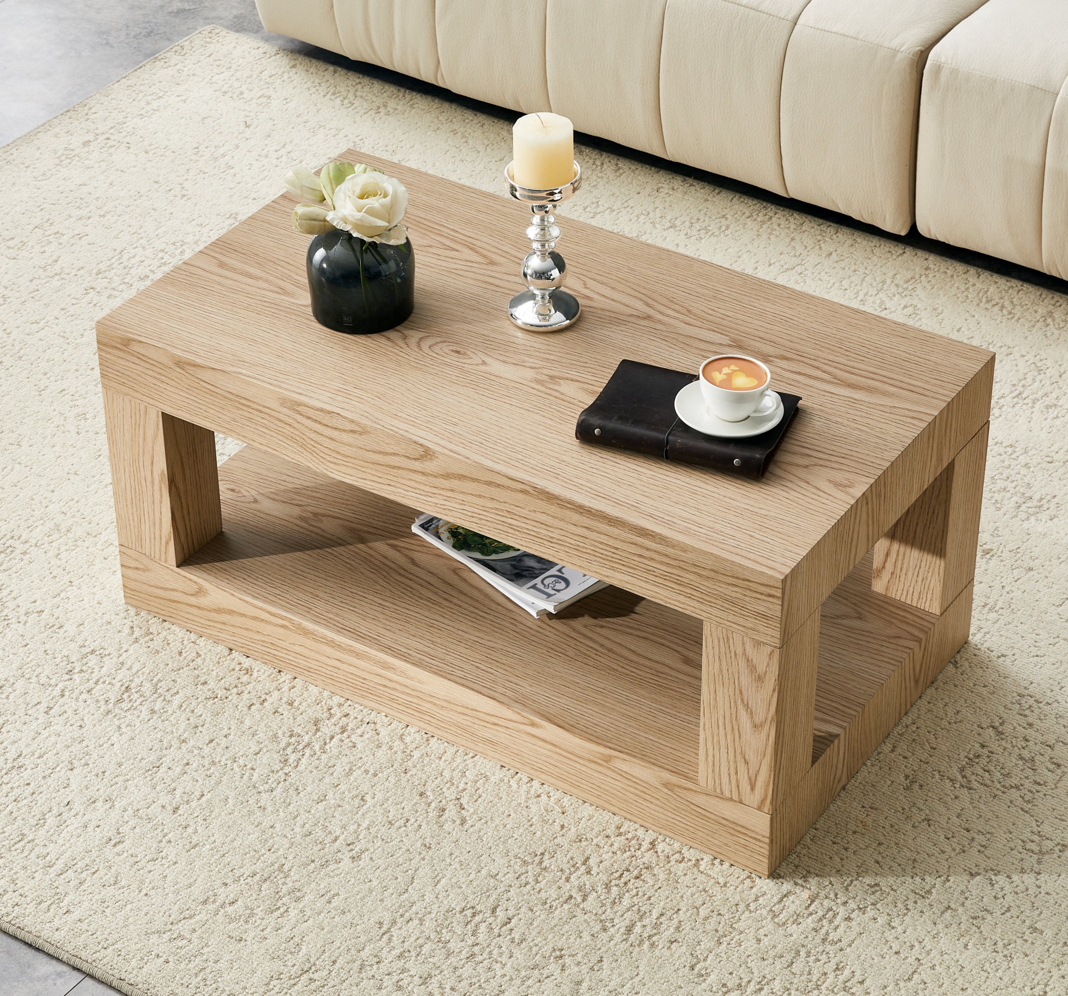 FFZ Modern 2-Tier Coffee Table with Open Storage Shelf, MDF, Wood