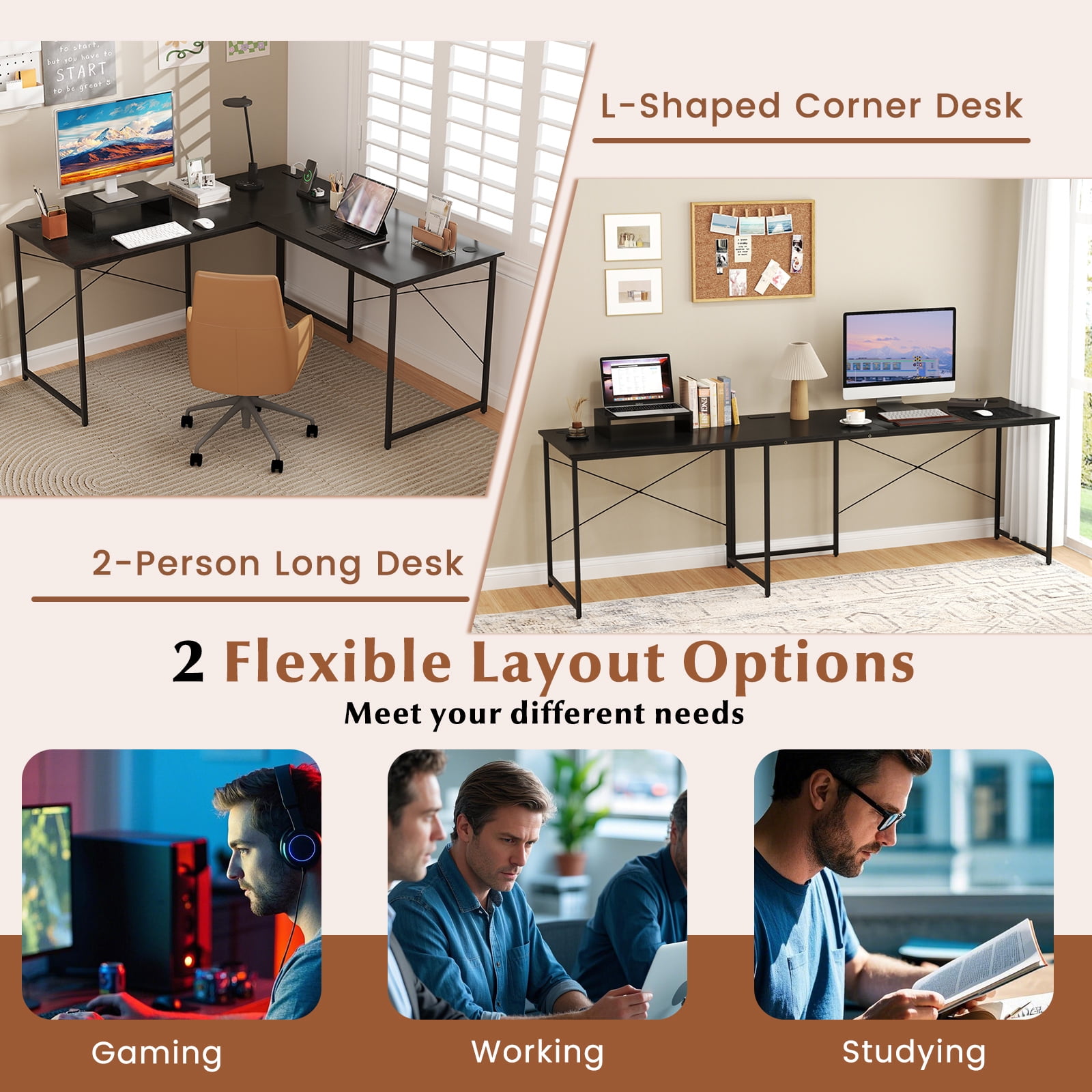 Giantex 95 Inch Reversible Corner Desk, L-Shaped Computer Desk w/Monitor Stand & 3 Cable Holes, 2-Person Long Study Writing Desk for ome Office, Black