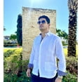 thumbnail image 2 of Guayabera Men's Long Sleeve 100% Linen,White Guayabera with Sky Blue and green fine Details., 2 of 4