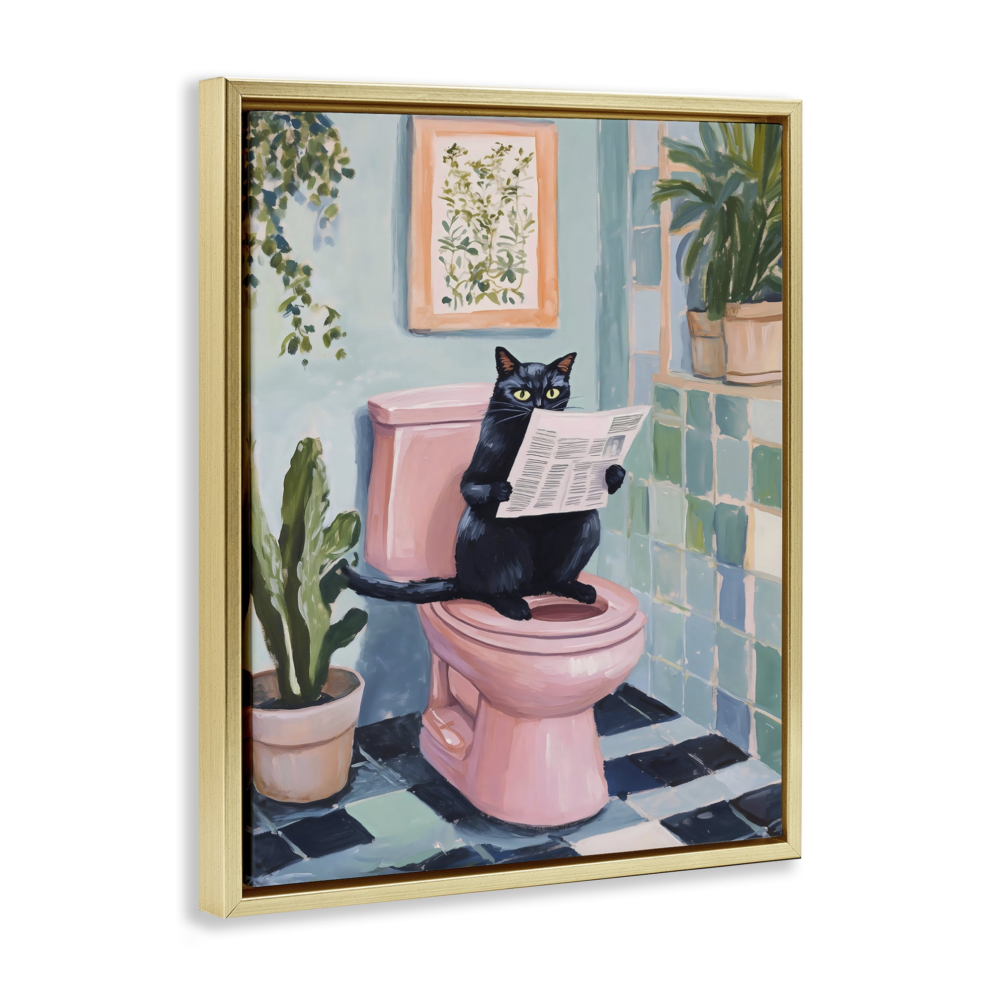 Stupell Industries Cat Reading on Pink Toilet Gold Framed Floater Canvas Wall Art, design by The Prints Vibe