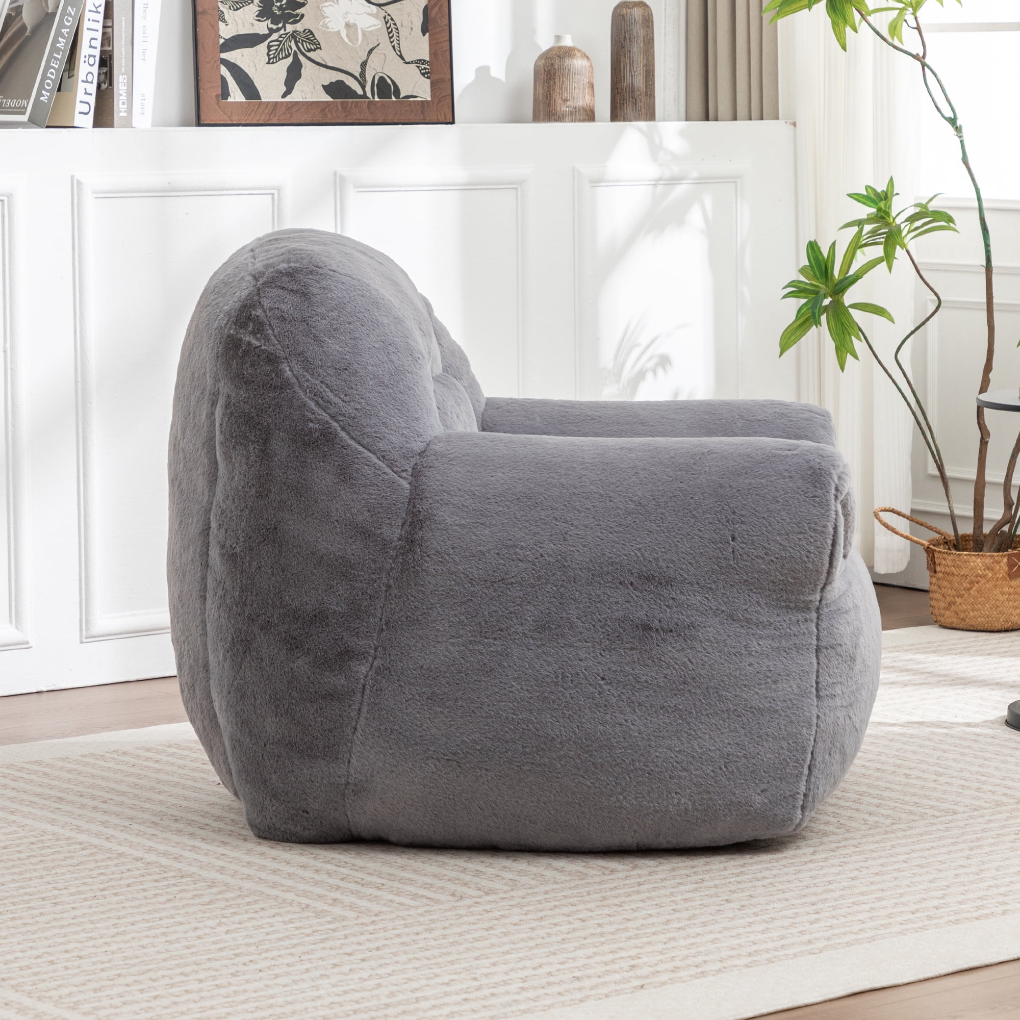 Bean Bag Chair, Comfy Bean Bag Sofa with Back Support, Faux Fur Bean Bag Chair for Adults and Kids, Stuffed Floor Sofa for Living Room, Bedroom, Dark Gray