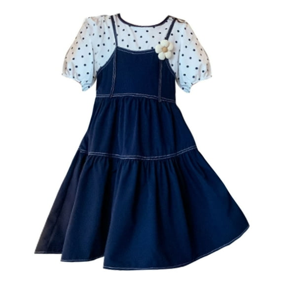 PINQI Holiday Little Girls Dresses Girls' Summer Round Neck Bubble Sleeve Flower Dot Print Splice Fashion Princess Dress