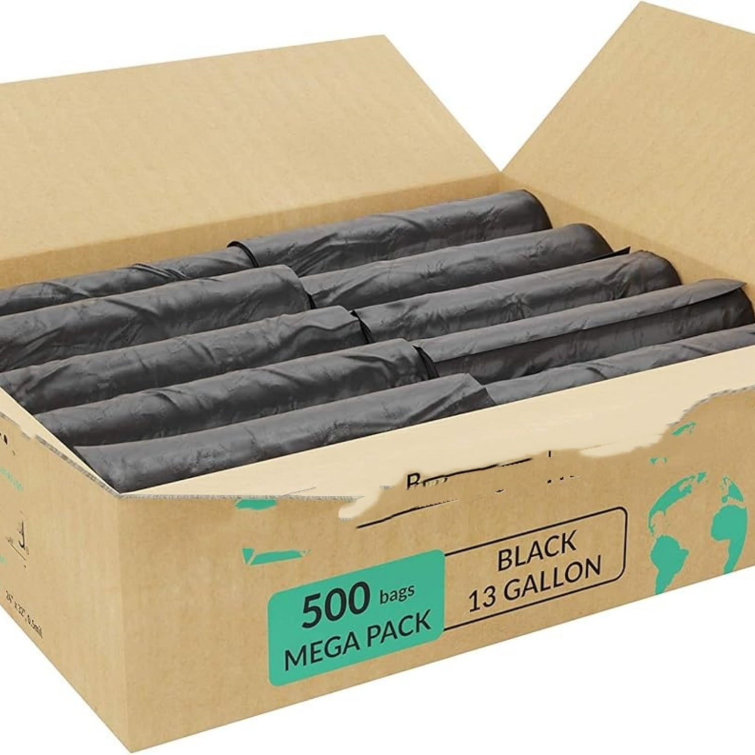 13 Gallon Trash Bags | 500 Count Bulk | Black | Eco-Friendly | Made from Recycled Material
