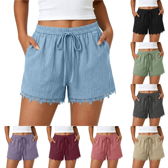 Bloomae Linen Shorts for Women Lightweight Drawstring Elastic Waist Lace Trim Hem Gauze Short Pants with Pocket Trendy Summer Casual Beach Vacation Lounge Shorts
