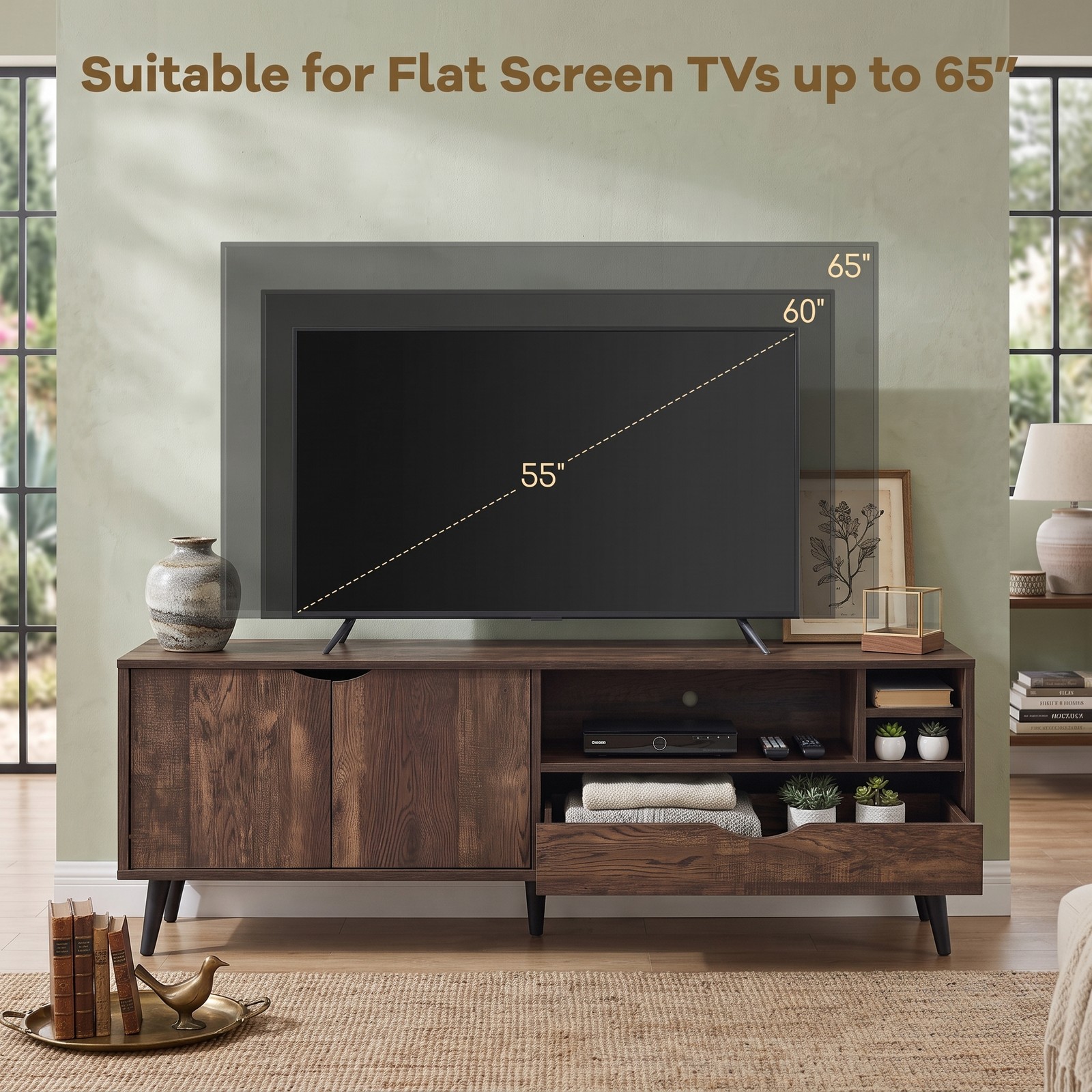 Furnibear Rustic TV Stand for TVs up to 65 Inches, Farmhouse Entertainment Center with 2-Door Cabinet, Storage Drawer and Open Shelves, Wood Media Console for, Brown