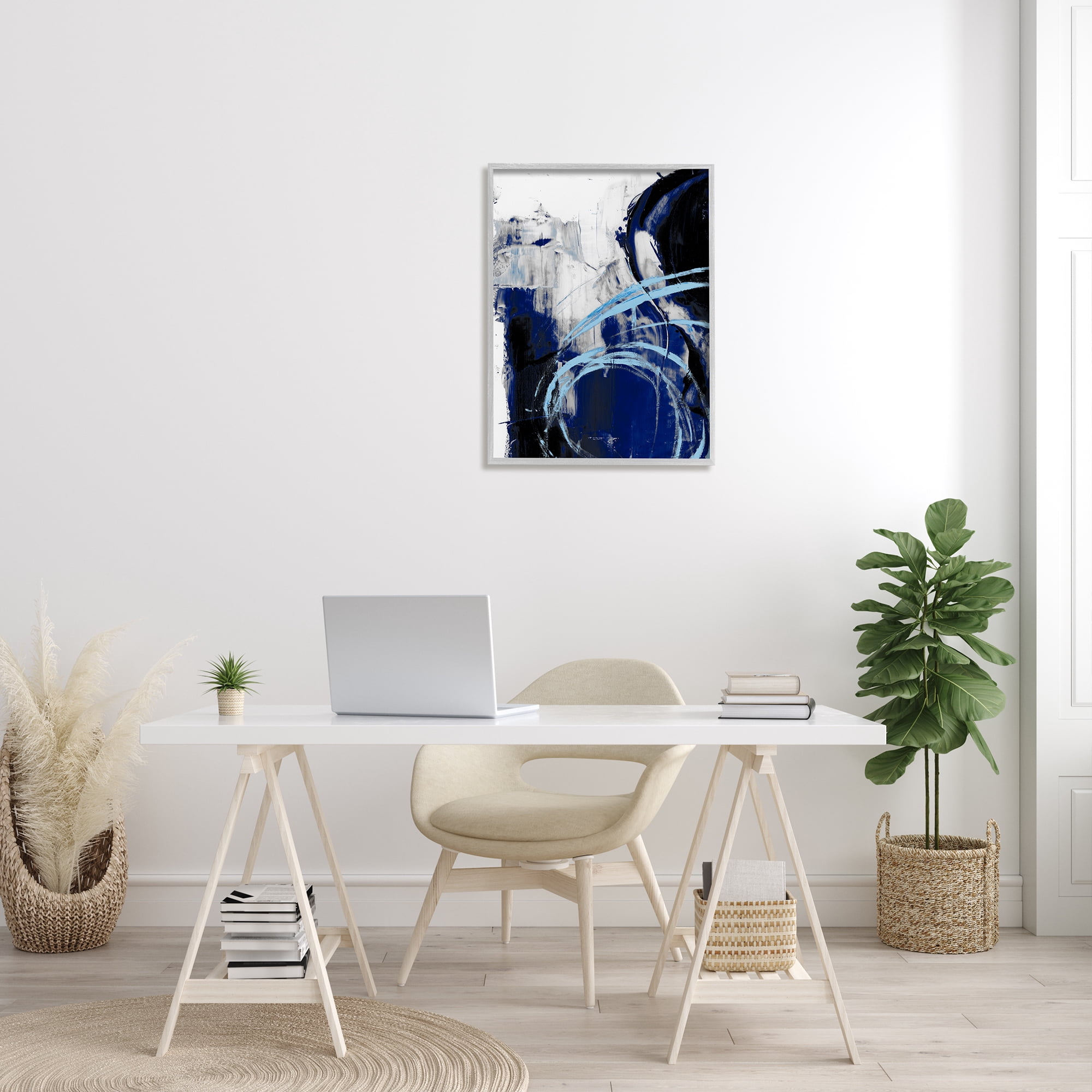 Stupell Industries Lively Indigo Blue Abstraction Chaotic Line Collage Abstract Painting Gray Framed Art Print Wall Art, 24 x 30