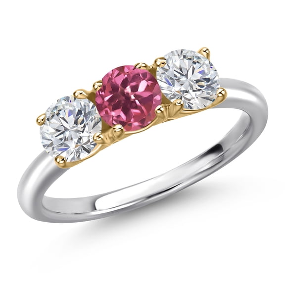 Gem Stone King 10K Two Tone Gold Pink Tourmaline and Lab Grown Diamond Engagement Ring for Women | 1.52 Cttw | Round 5MM | Gemstone October Birthstone | Size 6