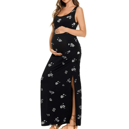 

Women Dress Split Long Maternity Dress Sleeveness Ruched Pregnancy Leisure Dailywear