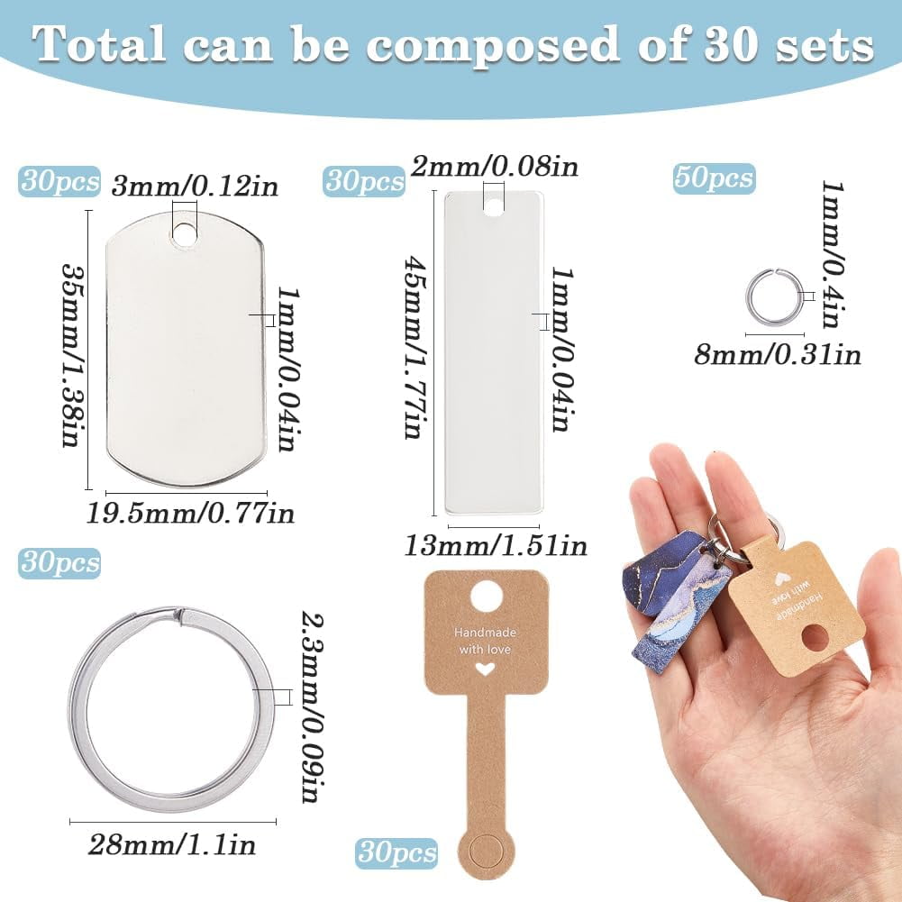 30 Pack Metal Key Chain Blanks Laser Engraved Jewelry Blanks Stainless Steel Stamping Blank Tags Round Key Ring Paper Display Cards Jump Rings Keychain Making Kits for DIY Birthday Gifts