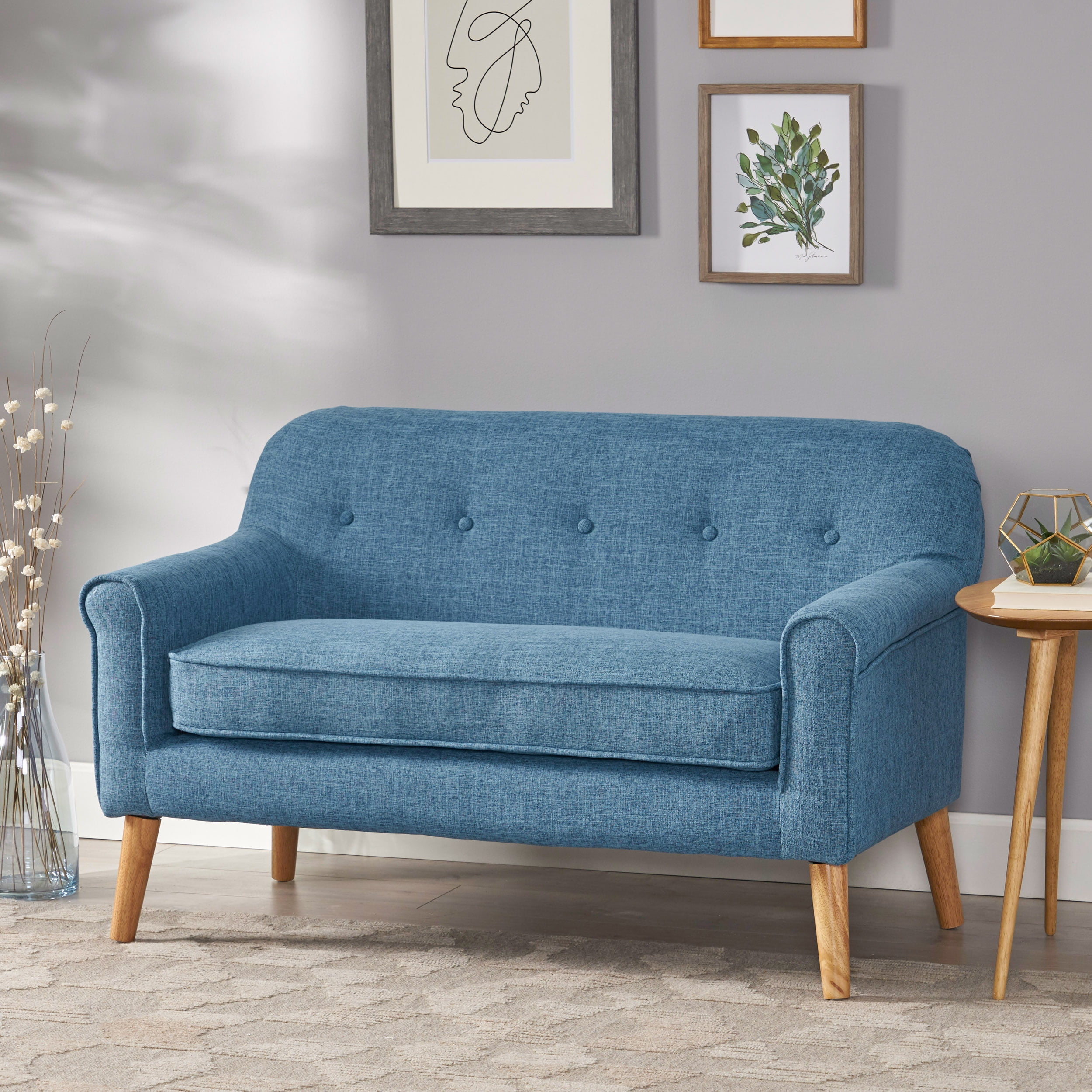 GDF Studio Mia MidCentury Modern Fabric Loveseat, Muted Blue