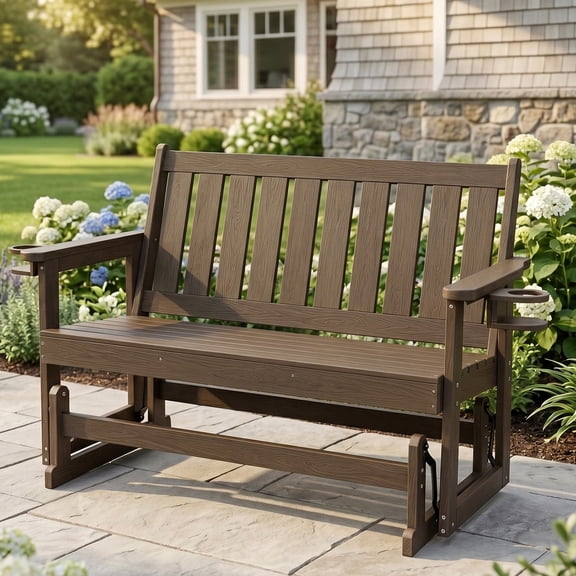 Mosbrisa Poly Lumber Patio Glider, HIPS Material Weather-Resistant Swing Bench for Outdoor Porch Garden (Deep Brown, 2-Seater)