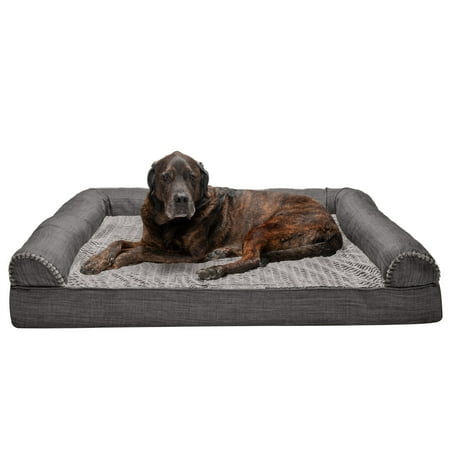 UPC: 0842229126372 | FurHaven Pet Products | Memory Foam Luxe Fur & Performance Linen Sofa-Style Couch Pet Bed for Dogs & Cats Charcoal Jumbo Plus