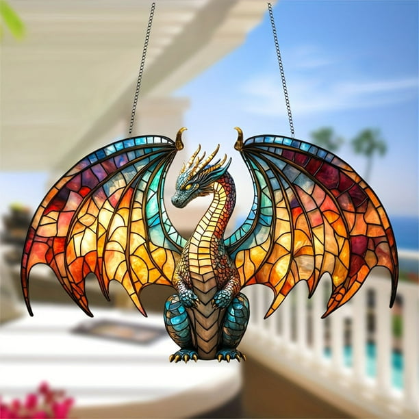 Colgante de dragones acrílicos | Atrapasol estilo vitral de 30 x 19 cm | Diseño surrealista de ensueño en tonos turquesa, ámbar y carmesí | Decoración impermeable para colgar en la ventana, ideal