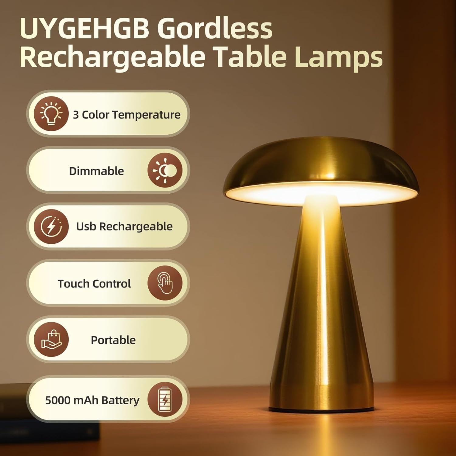 Portable LED Desk Lamp, Rechargeable Battery, 3-Color Touch Control, Cordless Table Lamp with Stepless Dimming, Modern Bedside Lamp for Bedroom, Living Room, and Dining Room