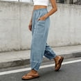 thumbnail image 6 of Linen Wide Leg Pants for Women Elastic Waist Contrast Stitching Pants with Pockets Casual Loose Trousers Beach Vacation Outfit, 6 of 8