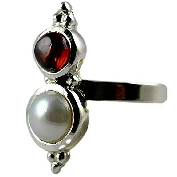 Navya Craft Freshwater Pearl and Garnet 925 Sterling Silver Handmade Women Statement Ring, Pearl Jewelry Size 6.5