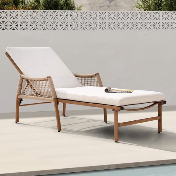 Nuu Garden Outdoor Reclining Chaise Lounge, 6-Position Adjustable Backrest and Zippered Cushion, Hand-Woven Rattan Wrapped Armrests and Hand-Brush Aluminum with Breathable Textilene, Brown and Beige