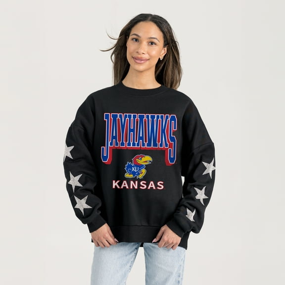 Women's Gameday Couture Black Kansas Jayhawks Pure Victory Relaxed Rhinestone Pullover Sweatshirt