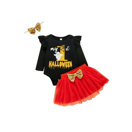 

Wayren USA 3pcs Baby My First Halloween Clothes Outfits Girl Long Sleeve Ruffle Romper Top + Tulle Skirt + Bow Headband Set