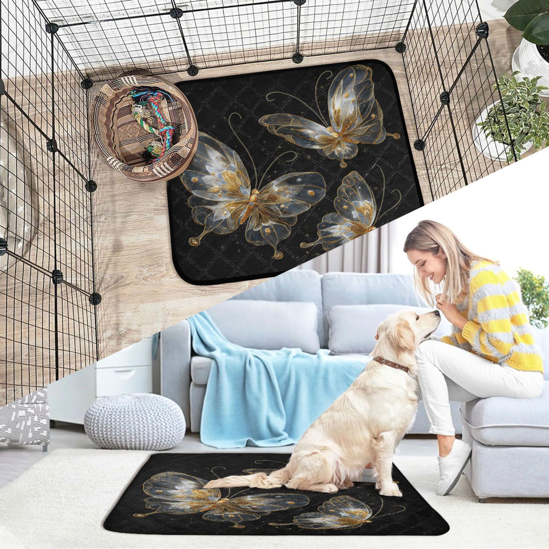 Qxltty Gold Transparent Butterfly Cat litter Pads Pet Set of 2 Diaper Mats Center Anti-leakage Layer Absorbent Soft and Comfortable