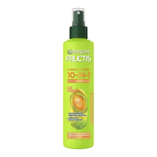 Garnier Fructis Sleek & Shine, 10-In-1 Repairing Leave-In Spray For Frizzy & Dry Hair with Heat Protection, With Argan Oil and Plant Keratin