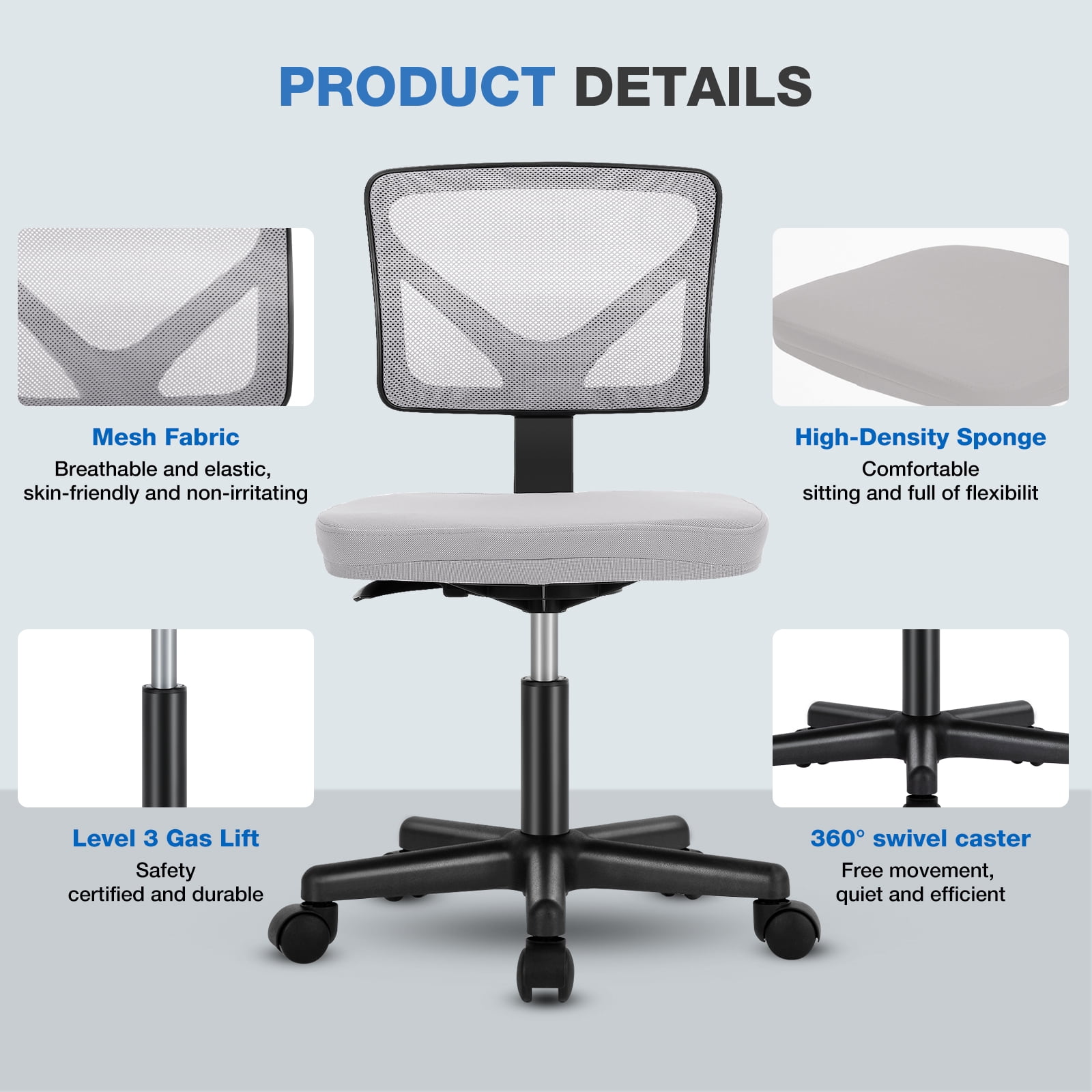 Gianna Armless Desk Chair with Low Back Adjustable Ergonomic Rolling for Home Office Study