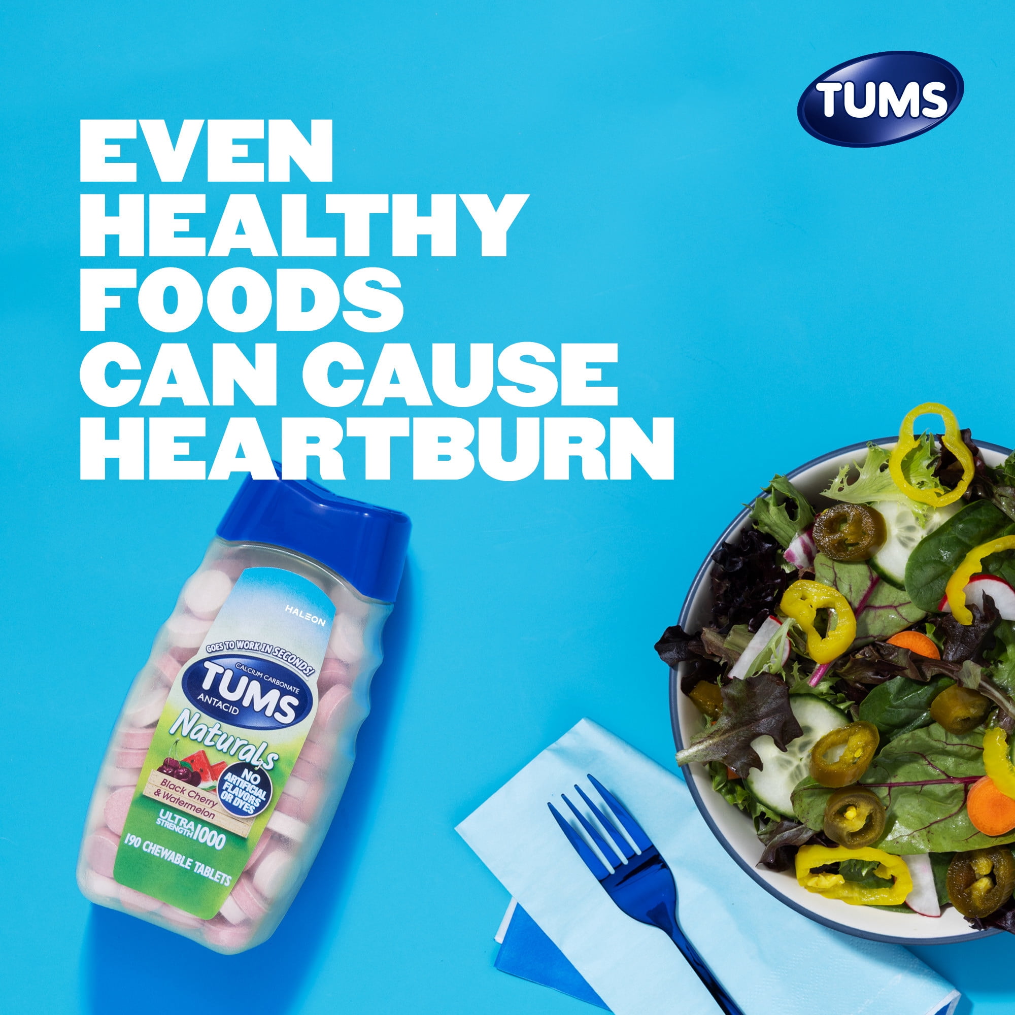 Tums Naturals Ultra Strength Chewable Antacid Tablets for Heartburn Relief, 190 Count