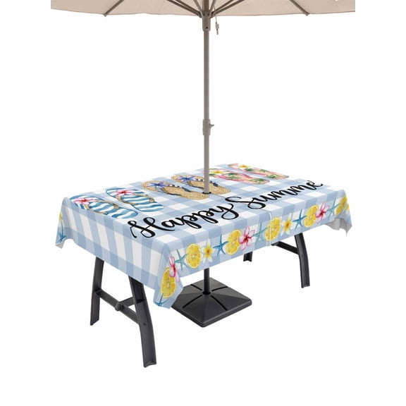 Outdoor Tablecloth with Umbrella Hole for Patio/Picnic/Party/Camping, Summer Beach Waterproof Table Cloth Rectangle Table Cover Washable, Happy Summer Slippers Coastal Blue Plaid (60"x 84")